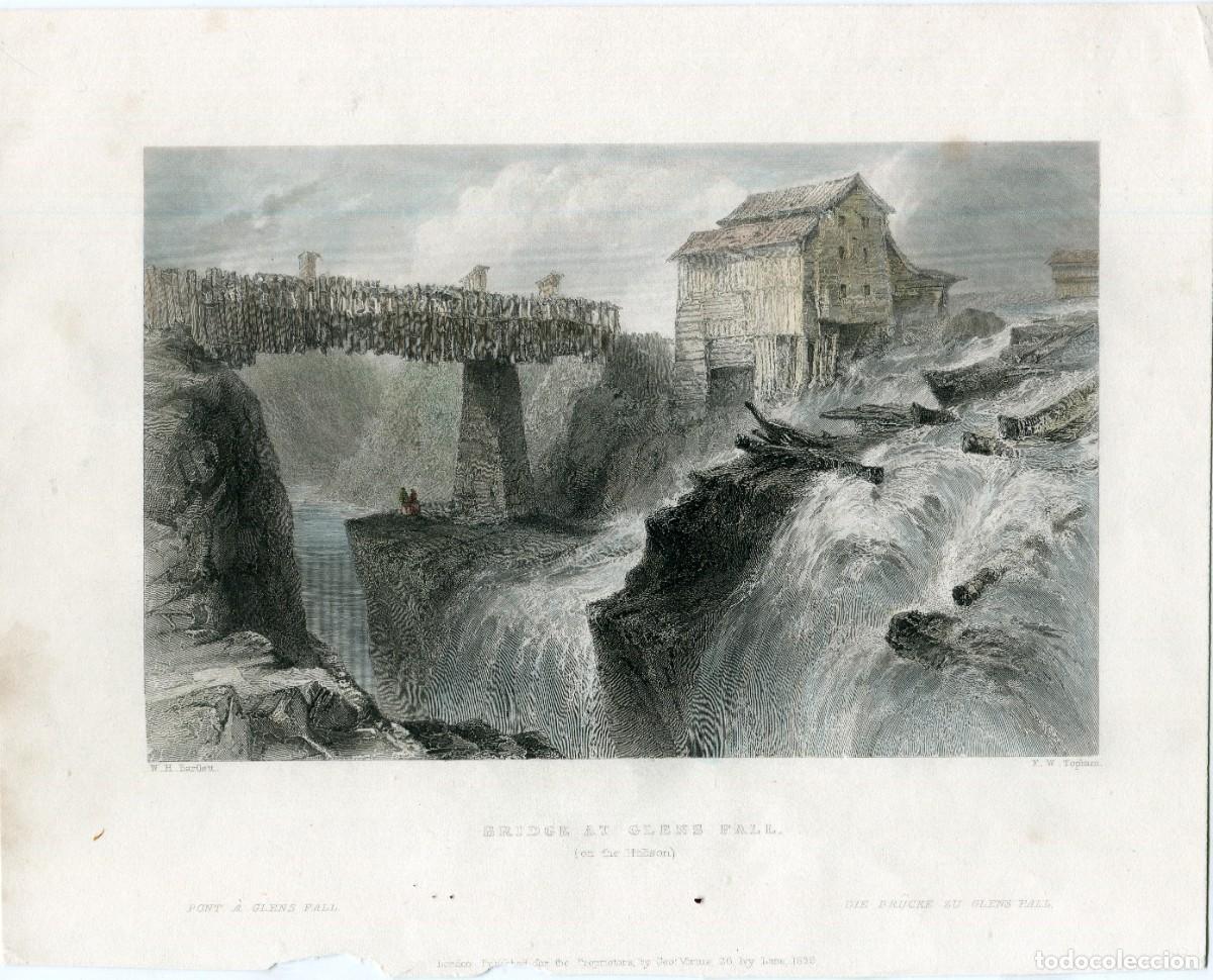 Art: Puente de Glens Falls sobre el Hudson - Grabado de Bartlett - 1839