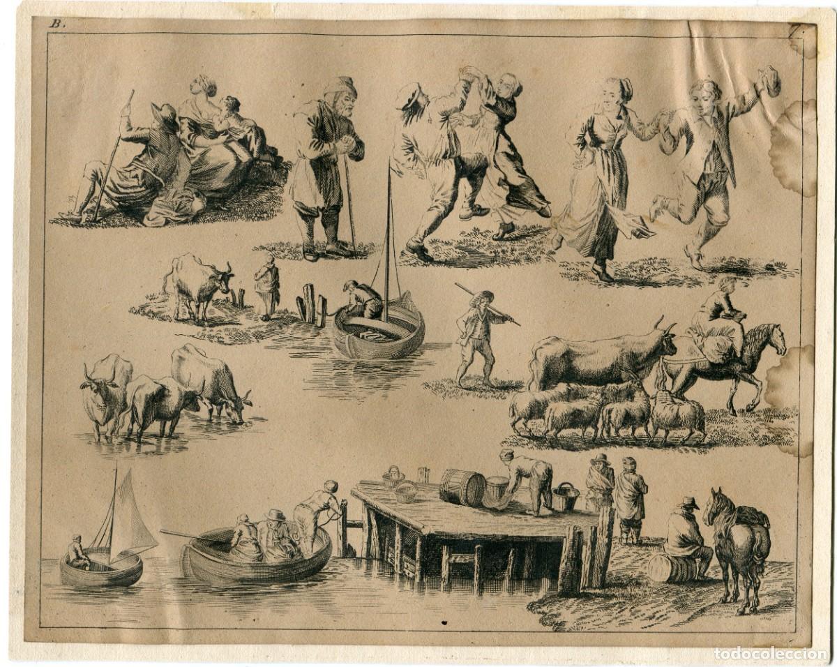 Art: Estudios de figuras y animales - Grabado original antiguo an&oacute;nimo