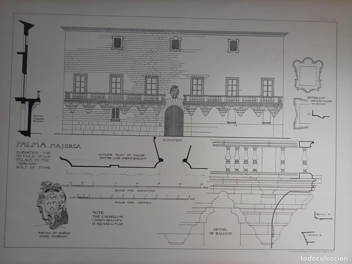 Arte: GRABADO ARQUITECTURA RENACENTISTA, PALACIO DEL MERCADO FACHADA Y DETALLES, MALLORCA,1893, PRENTICE