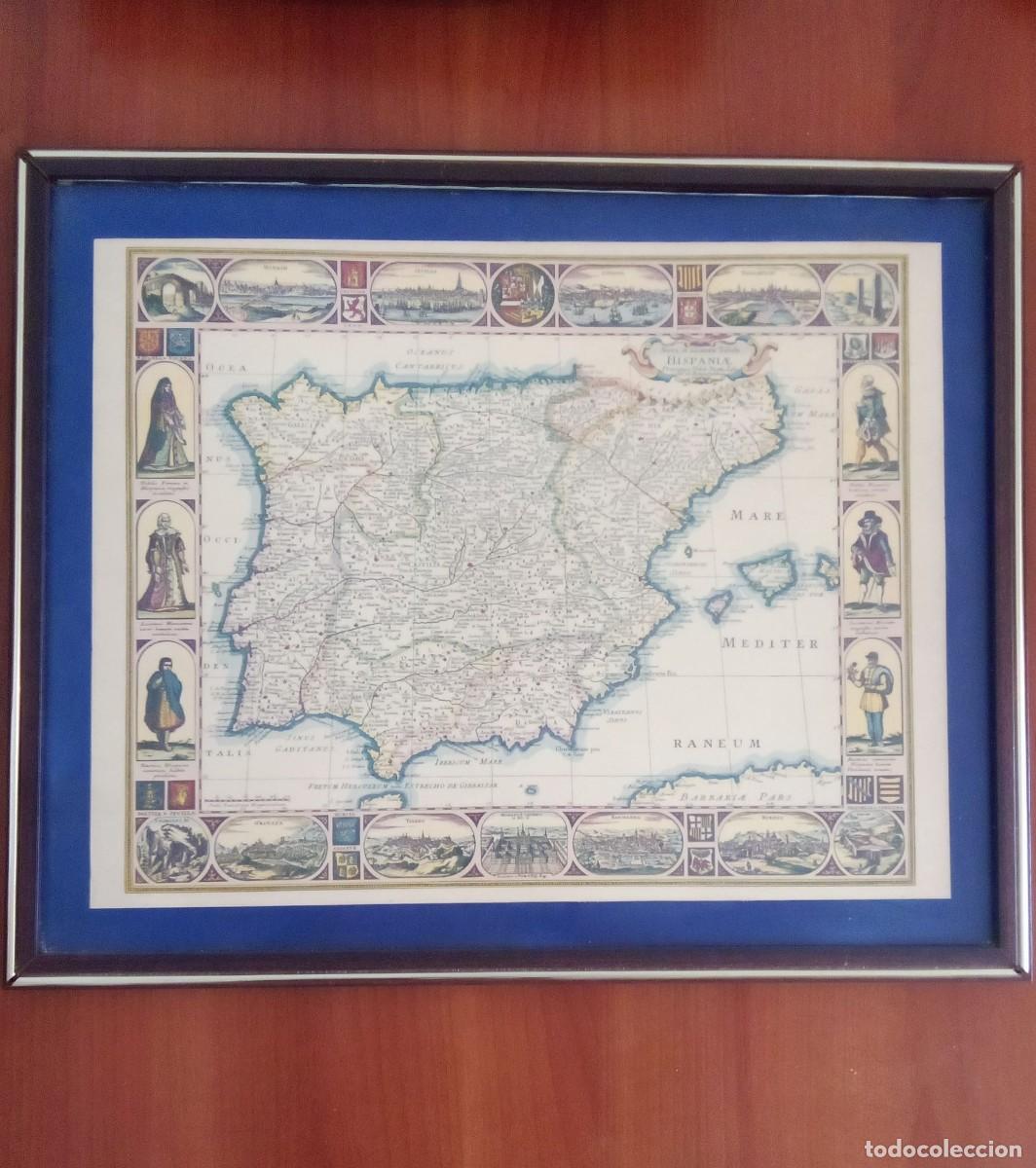 Arte: Cuadro antiguo con grabado antiguo de mapa de Espa&ntilde;a - Foto 1