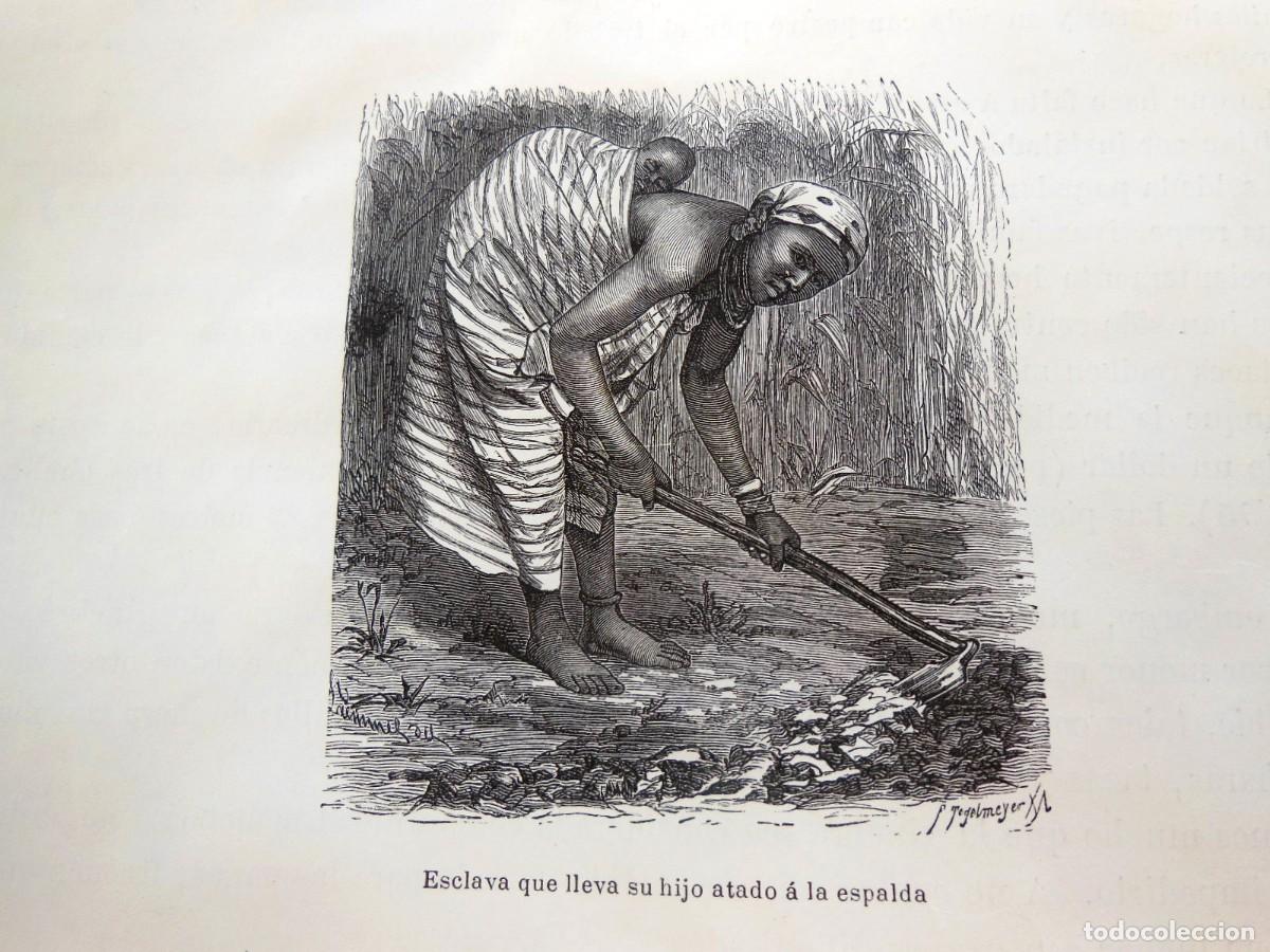 Arte: ESCLAVA QUE LLEVA SU HIJO ATADO A LA ESPALDA (El Congo). 1890
