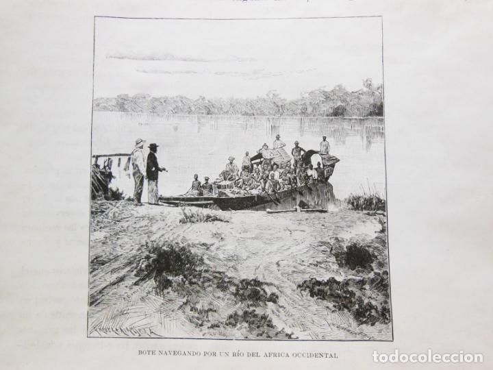Arte: BOTE NAVEGANDO POR UN R&Iacute;O DEL AFRICA OCCIDENTAL. EL CONGO. 1890