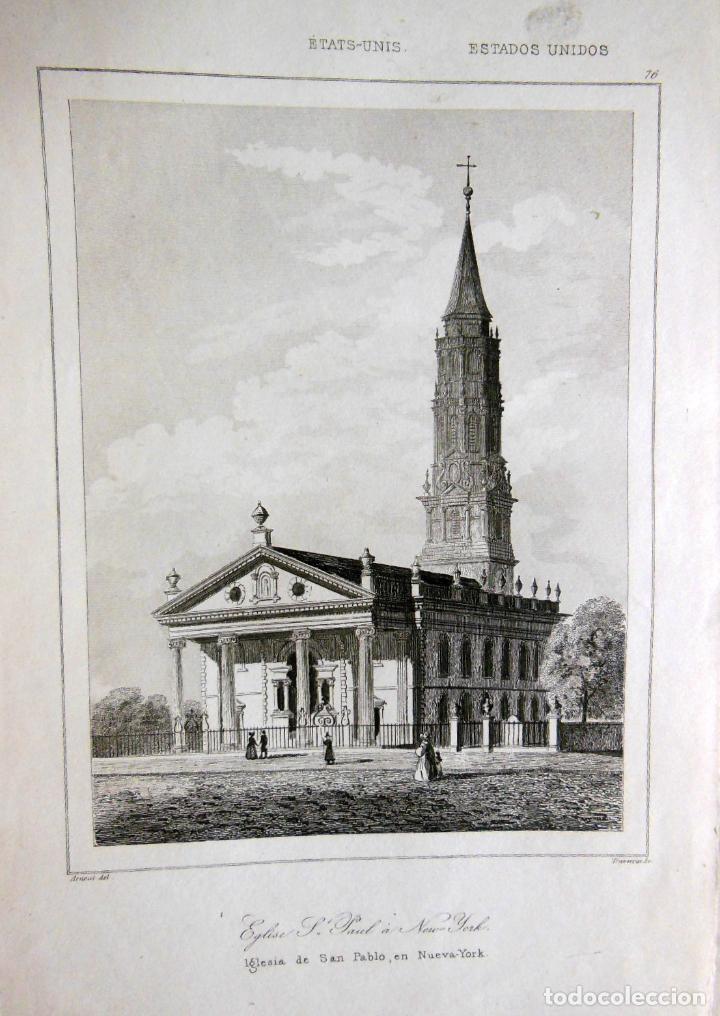 Arte: IGLESIA DE SAN PABLO, EN NUEVA YORK. Grabado por Arnout. 1837