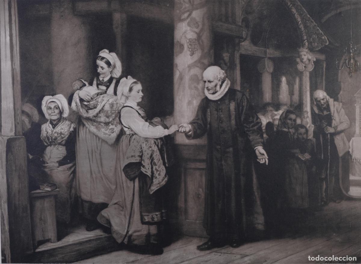 Arte: Heliograbado de una pintura de H.A.Van Trigt Le Bapteme - imp. por H.Kleinmann and Cie Harlem S.XIX