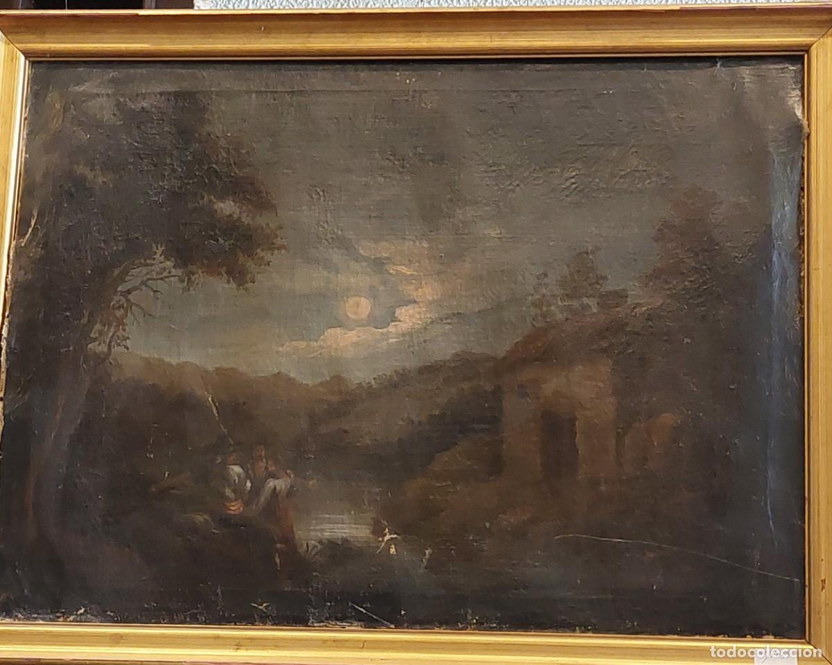 Arte: Escuela espa&ntilde;ola S XIX Paisaje nocturno &oacute;leo sobre lienxo