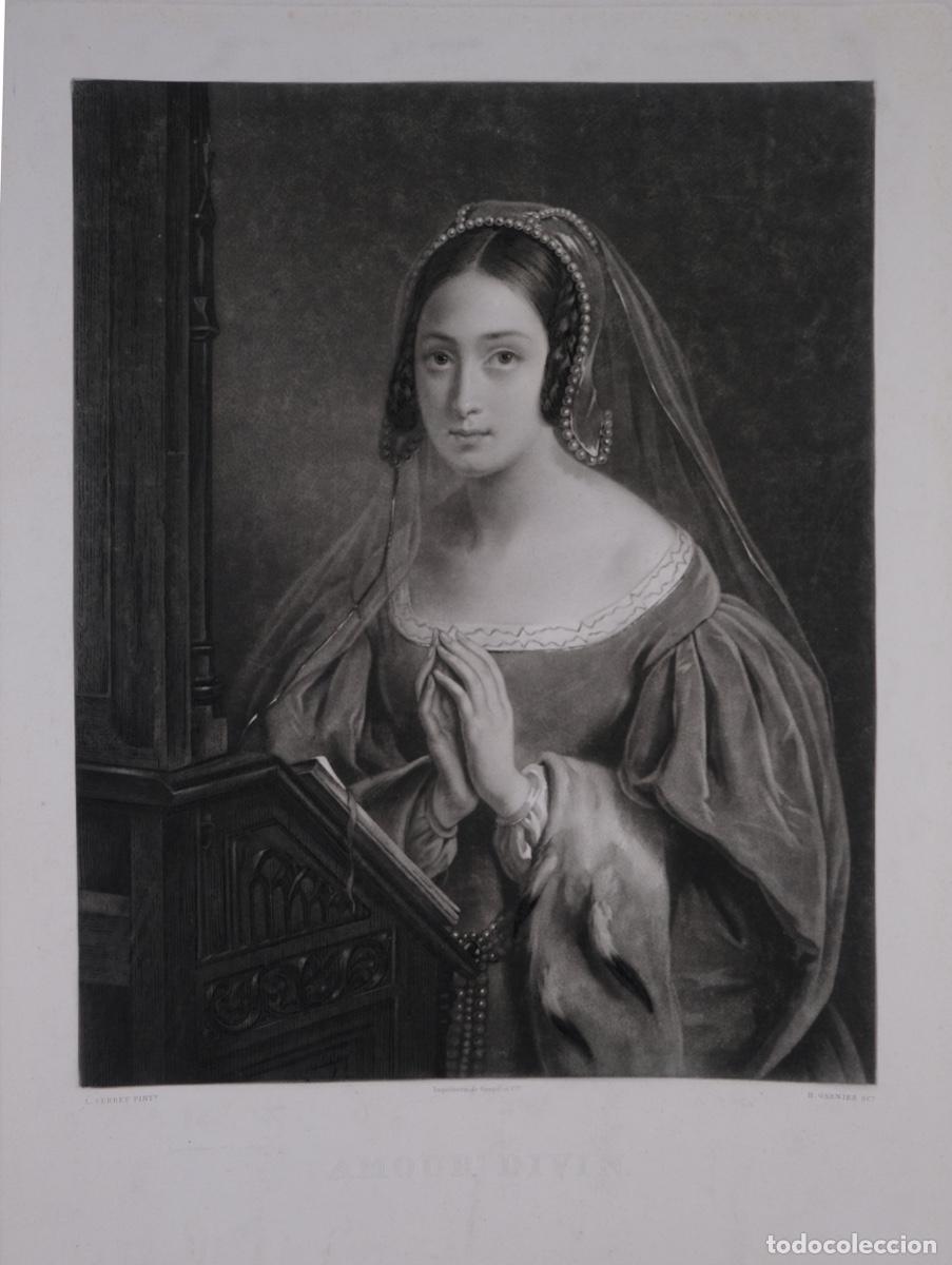 Arte: Heliograbado de una pintura de L.Serret - Dama orando - Imp. H. Garnier