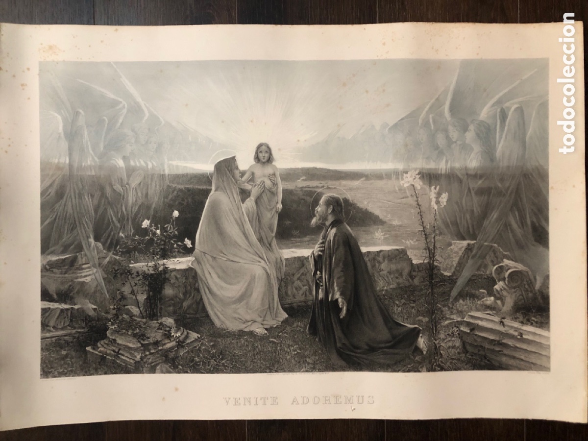 Arte: Antiguo grabado de varin paris 1899 venite adoremus virgen y ni&ntilde;o Jes&uacute;s