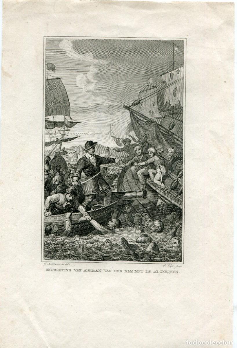 Art: Adriaan van der Kam contra los argelinos, 1755 - Grabado original Velijn
