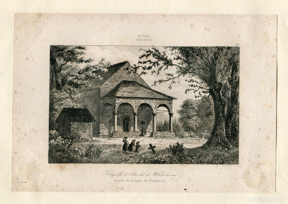 Kunst: Capilla de Arnaldo de Winkelried, Suiza - Grabado original al acero s. XIX