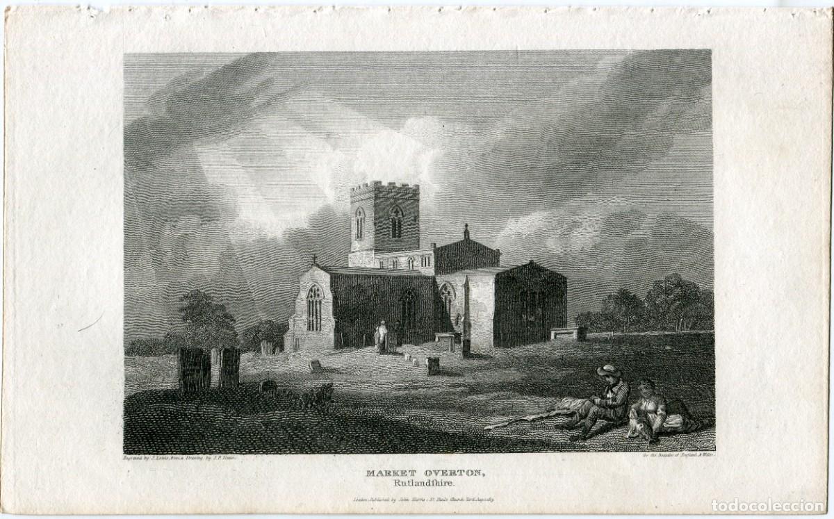 Arte: Market Overton, Rutland - Grabado original de J. Lewis sobre Neale - 1813