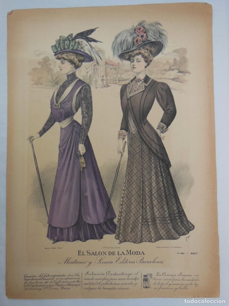 Arte: El sal&oacute;n de la moda. XXIV N&ordm; 622. (1880s aprox.). Coloreada a mano. Montaner y Sim&oacute;n editores.