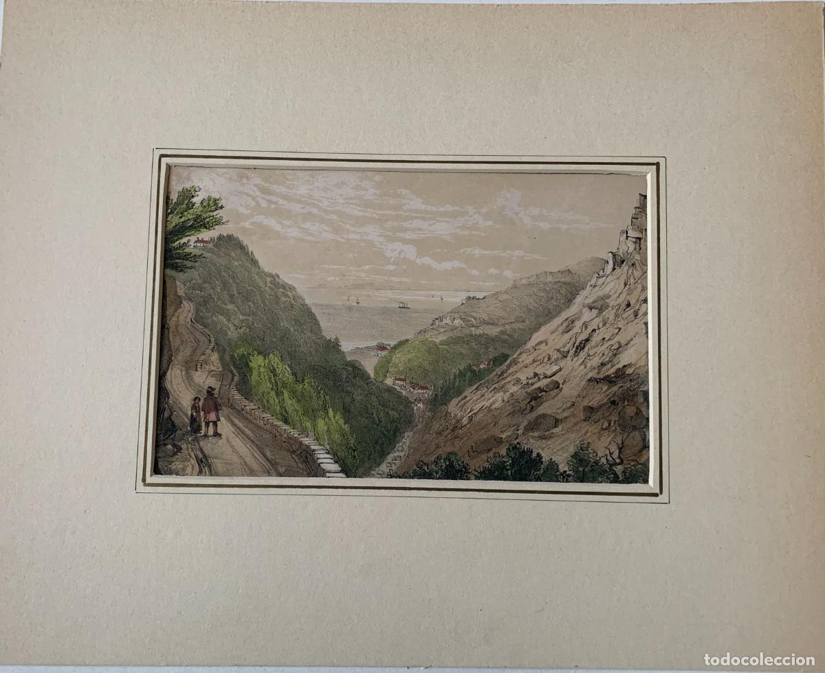 Arte: Paisaje de monta&ntilde;a. Litografia coloreada inglesa an&oacute;nima del siglo XIX.