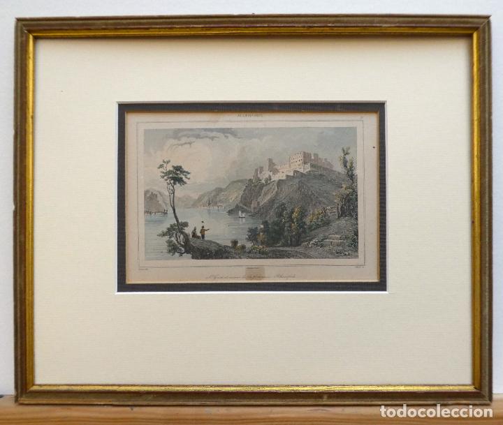 Kunst: Grabado de St. Goar y Ruinas de la Fortaleza Rheinfels 1838 Vista hist&oacute;rica de la ciudad