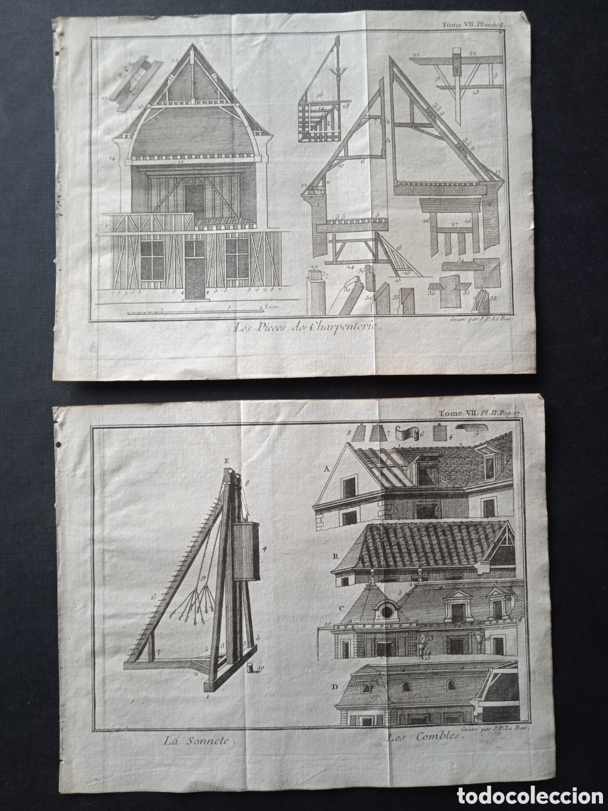 Arte: 2 GRABADOS DE J.P. LE BAS. SOBRE CONSTRUCCI&Oacute;N DE EDIFICIOS. S. XVIII. HOJAS DE UN LIBRO - Foto 3
