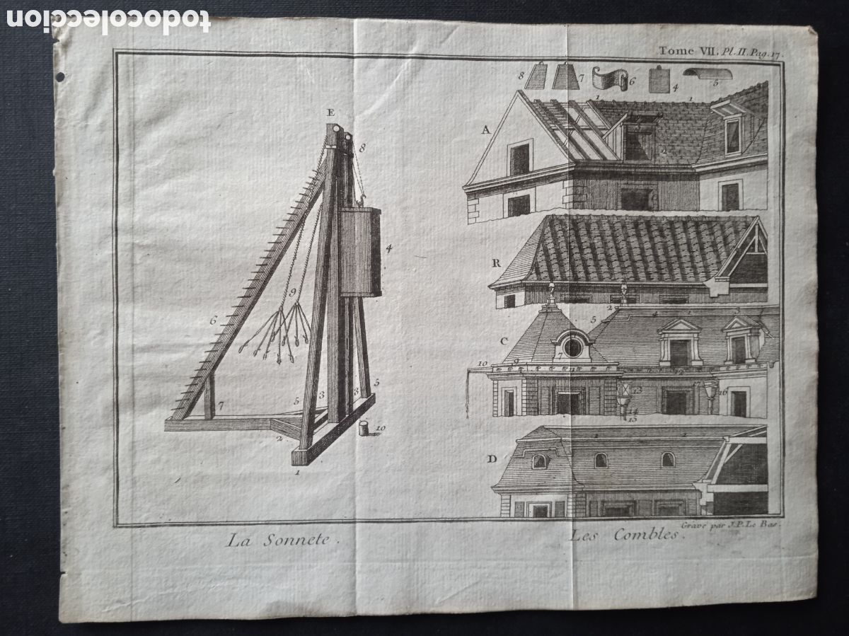 Arte: 2 GRABADOS DE J.P. LE BAS. SOBRE CONSTRUCCI&Oacute;N DE EDIFICIOS. S. XVIII. HOJAS DE UN LIBRO - Foto 4