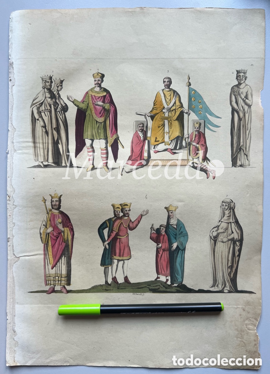 Arte: Grabado Ferrario, 1825. Costume dei francesi 10. Costumi antico e moderno. Carlovingios