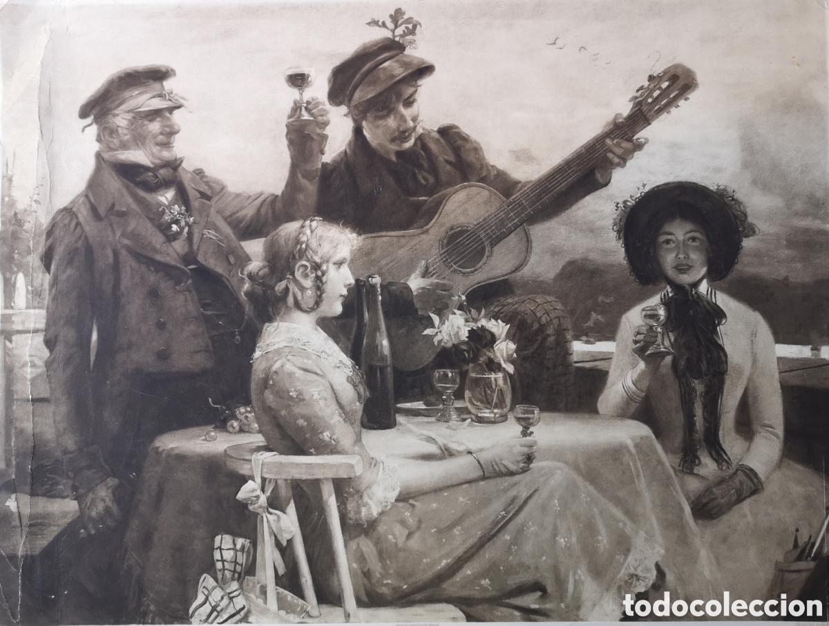 Arte: Antigua Escena alemana almuerzo y guitarrista