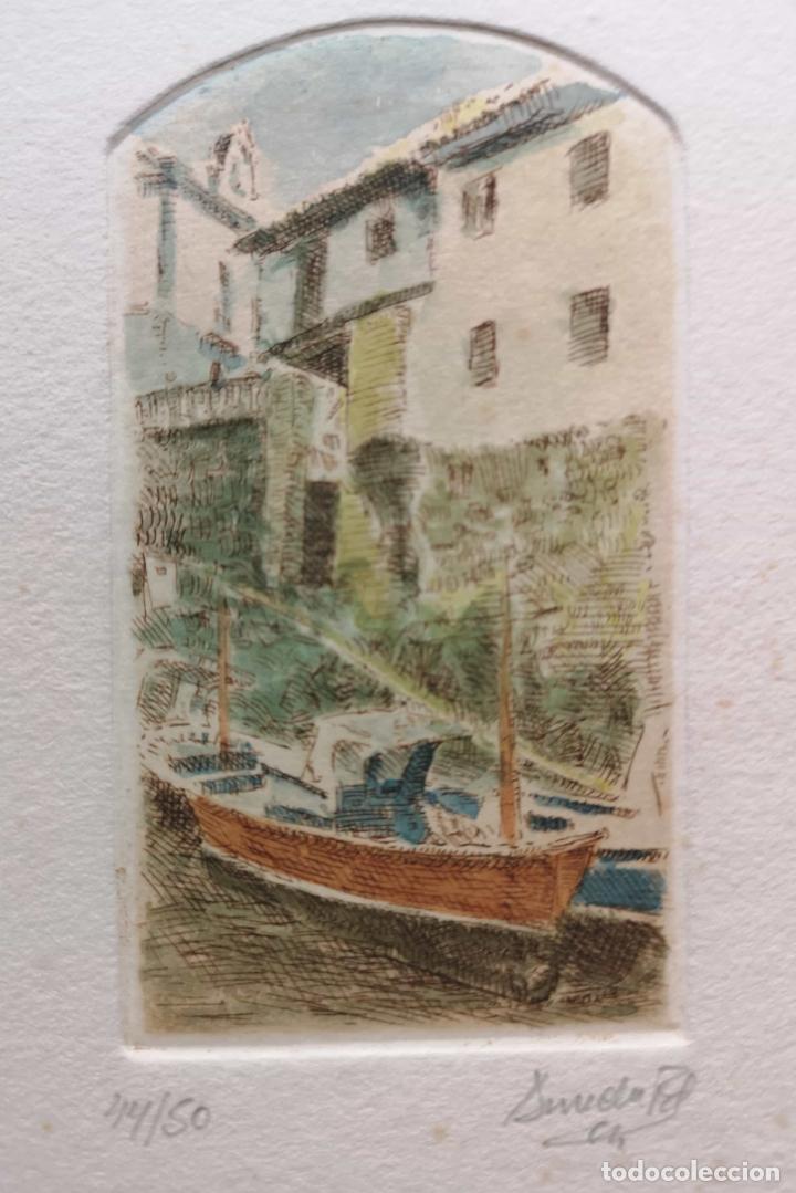 Arte: Grabado barca en puerto de Cudillero por Anxelu