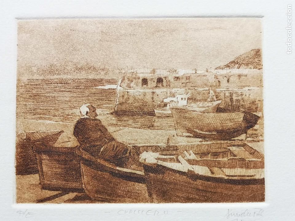 Arte: Grabado pescador en puerto de Cudillero por Angel Anxelu