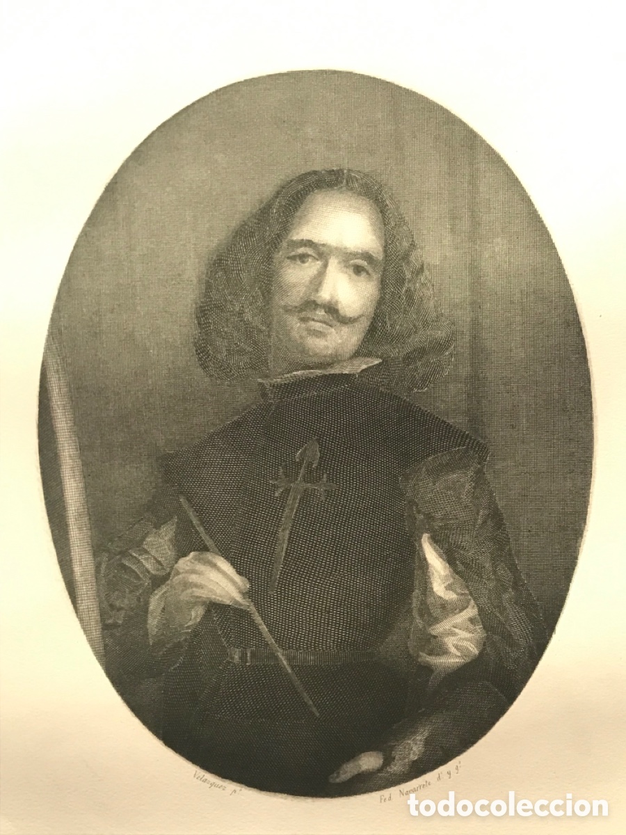 Arte: Grabado antiguo Retrato del pintor Diego Vel&aacute;squez. Dibuj&oacute; y grab&oacute; Federico Navarrete.