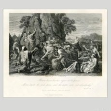 Arte: GRABADO AL ACERO DE LA SANTA BIBLIA. MOISES HACE BROTAR AGUA DE LA PEÑA. 1854