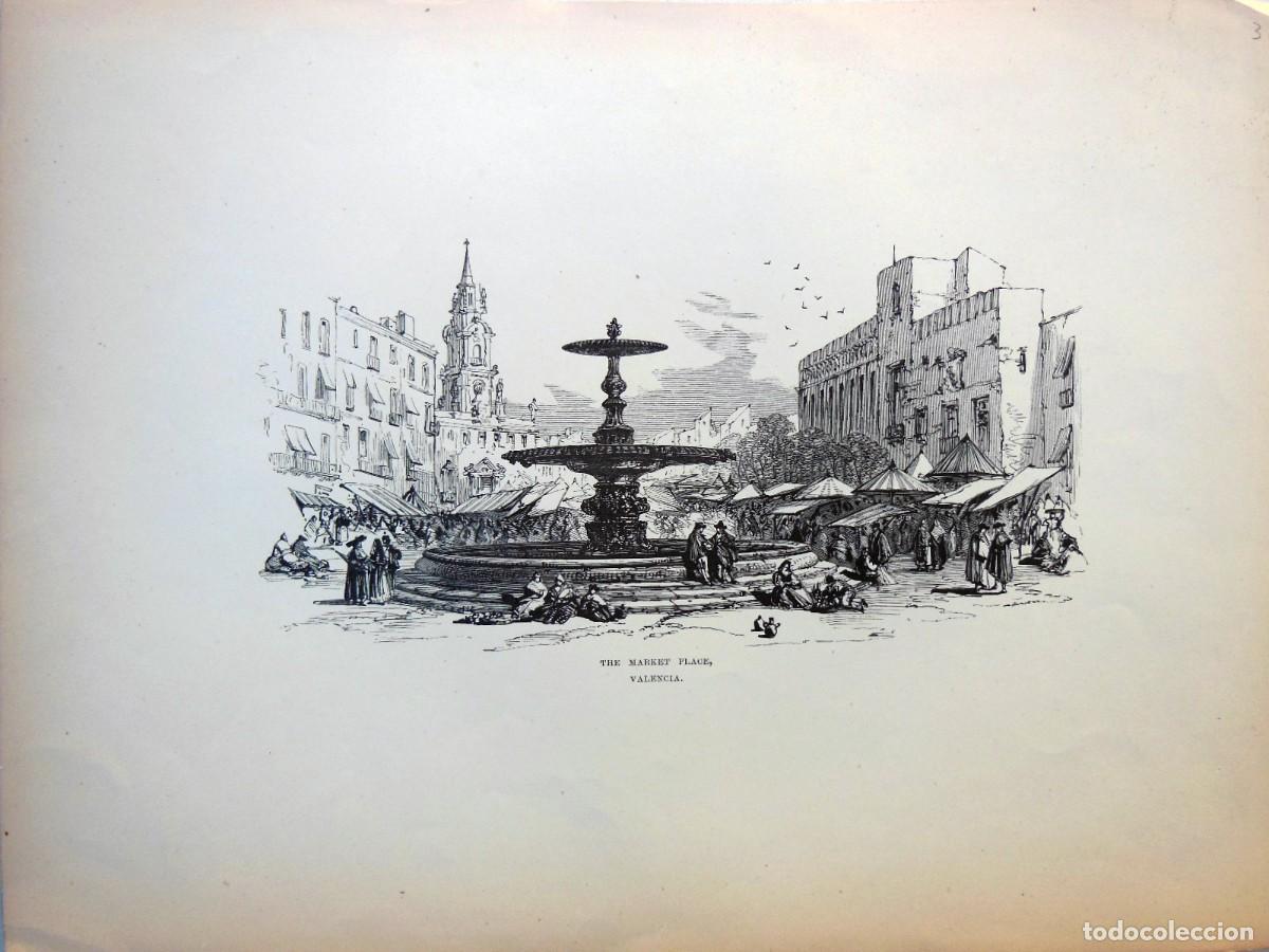 Arte: The market place, Valencia. Illustration for Leaves from a Sketch Book by Samuel Read. 1878.