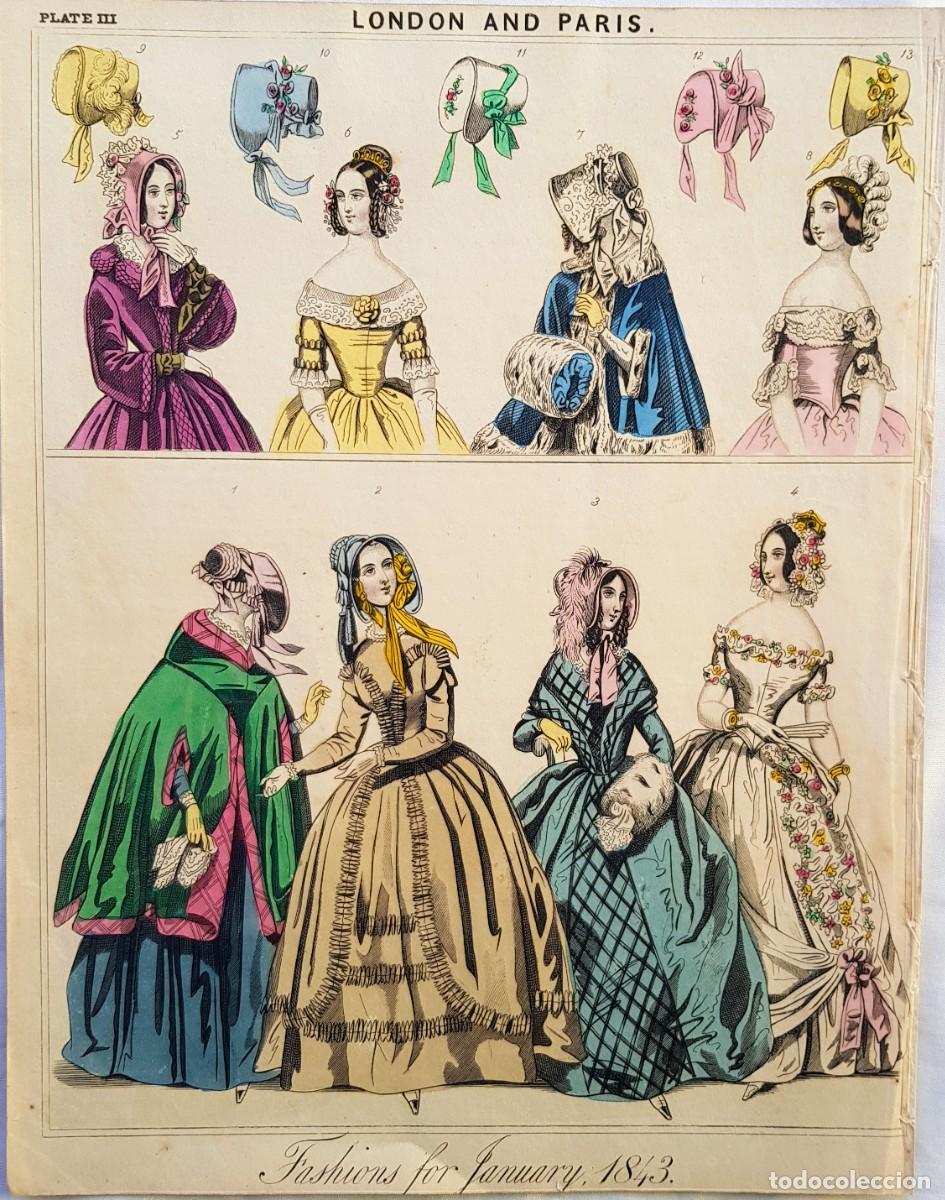 Arte: Fashion plate III. Fashions for January, 1843. Coloreada a mano.
