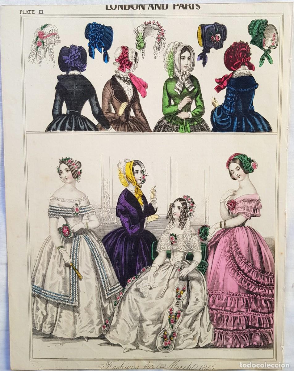 Arte: Fashion plate III. Fashions for March, 1845. Coloreada a mano.