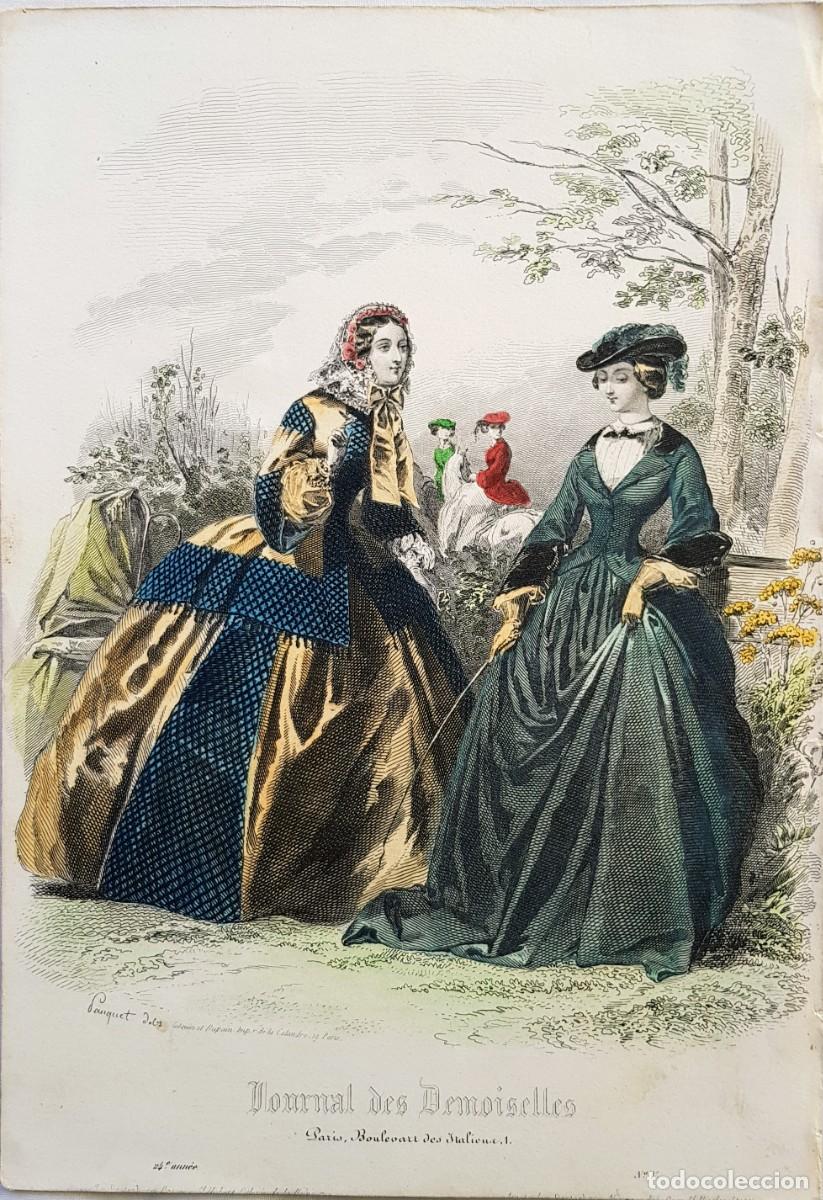 Arte: Fashion plate. Journal des Demoiselles. N V. Moda victoriana. Coloreada a mano.