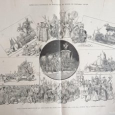 Arte: BARCELONA - CABALGATA EN HONOR CRISTÓBAL COLÓN - GRABADO PUBL 1900 - 53 X 38 CMS .
