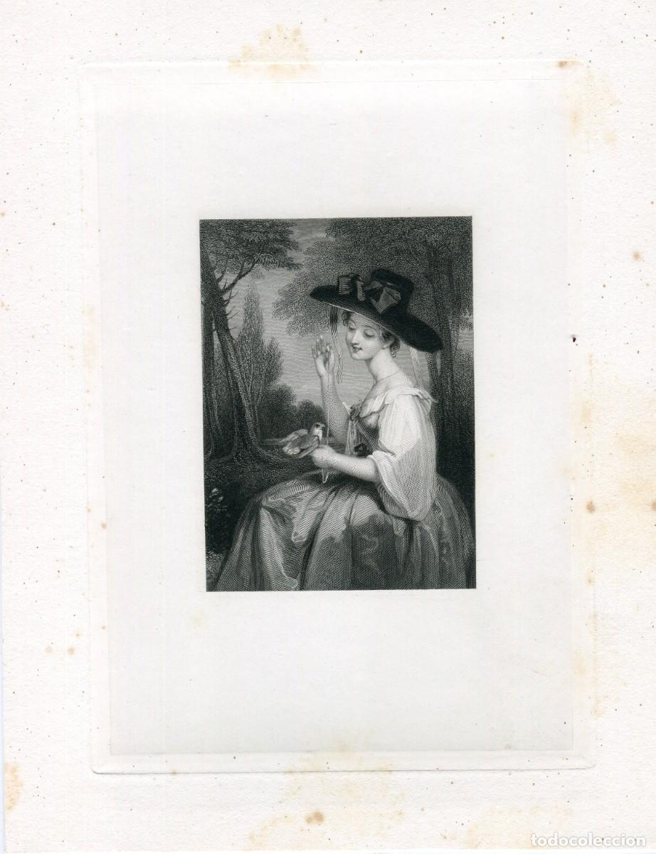 Arte: Duquesa Amelie de Bouffler con un p&aacute;jaro. Grabado 1836