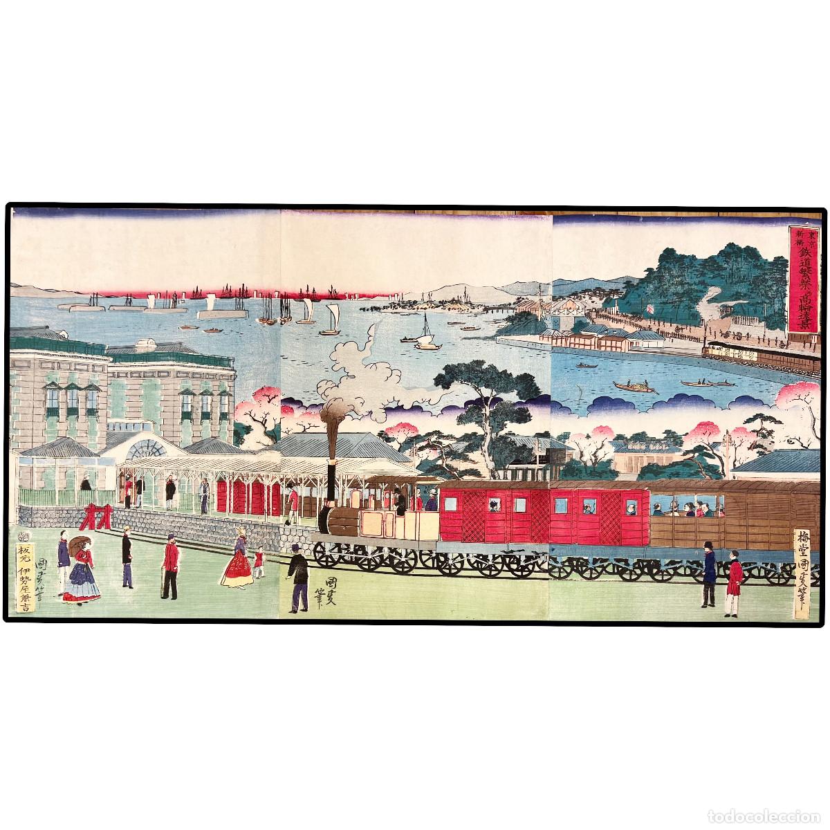 Arte: KUNIMASA IV - ESTACION SHIMBASHI EN TOKIO - 1873