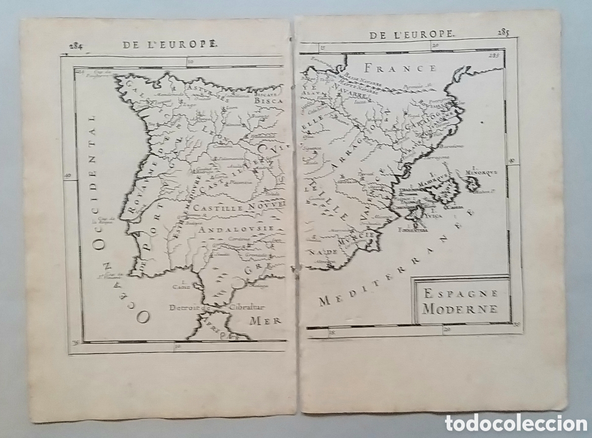 Arte: Mapa de Espa&ntilde;a. 2 hojas libro De LEurope 1683 - Foto 1