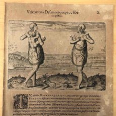 Arte: GRABADO VT MATRONAE DASAMONQUEPEUC LIBEROS GESTANT. THEODOR DE BRY. FRANKFURT 1590. MUY RARO