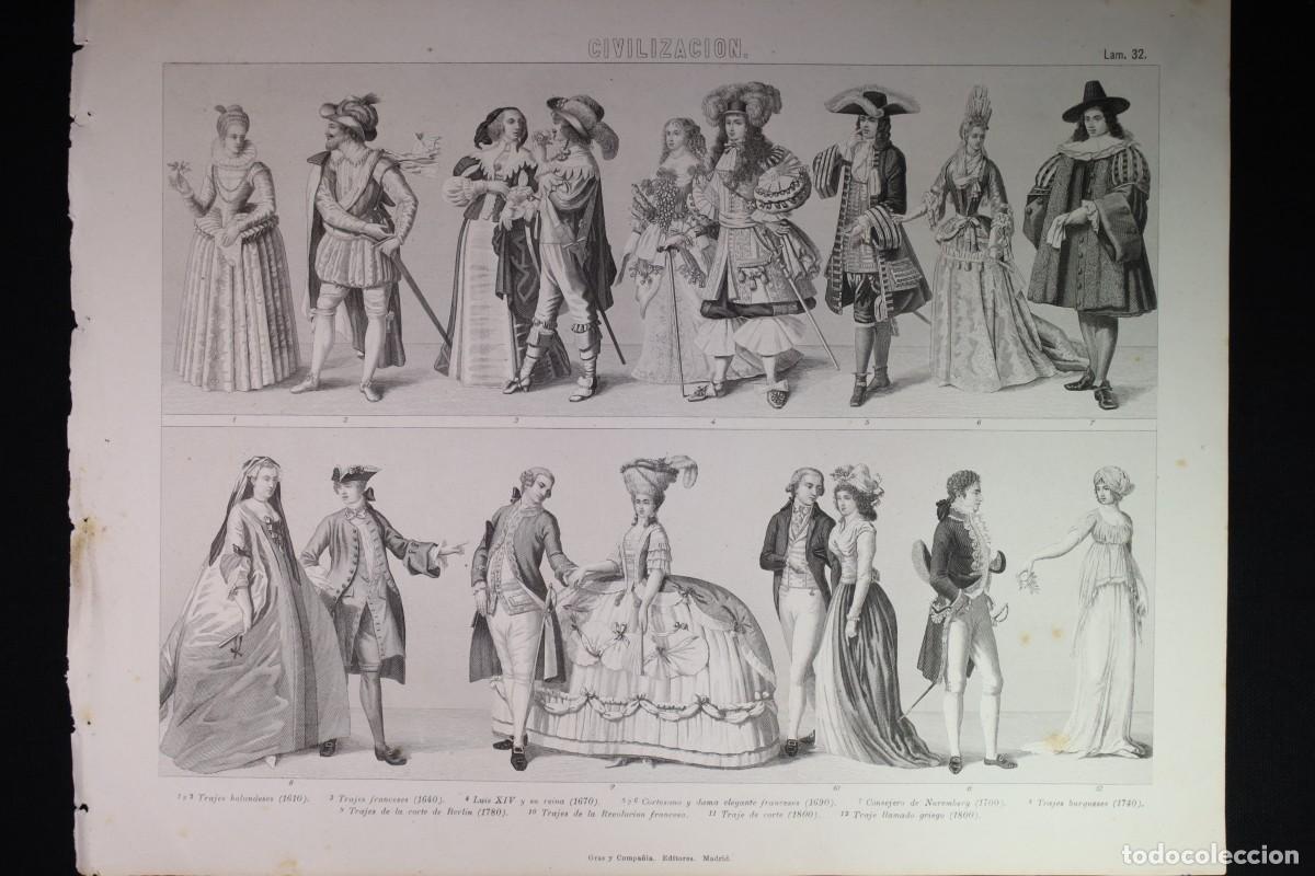 Arte: Grabado Civilizaci&oacute;n 32 Gras C&ordf;. Trajes S.XVII-XVIII. Holanda, Grecia. Burgu&eacute;s. Engraving Costumes