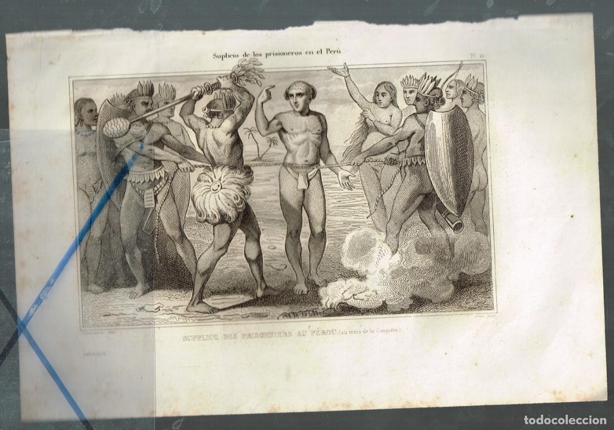 Art: antiguo grabado SUPLICIO DE LOS PRISIONEROS EN EL PER&Uacute; SUPPLICE DES PRISSONNIERS AU PEROU
