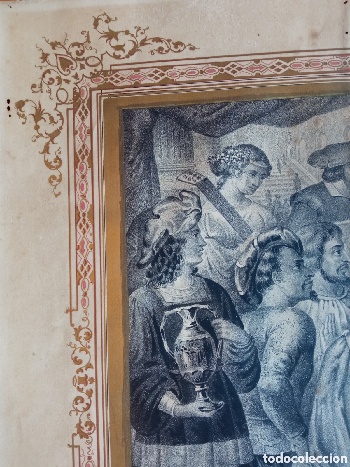 Art: 58 cm - Espectacular grabado litogr&aacute;fico M&aacute;laga XIX - Crist&oacute;bal Col&oacute;n y sus envidiosos