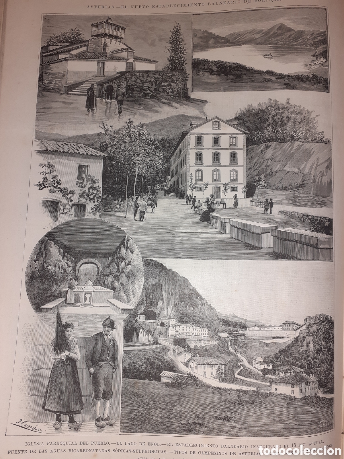 Art: GRABADO 1892. BALNEARIO DE BORINES. ASTURIAS. 39 X 26 CM. ORIGINAL.