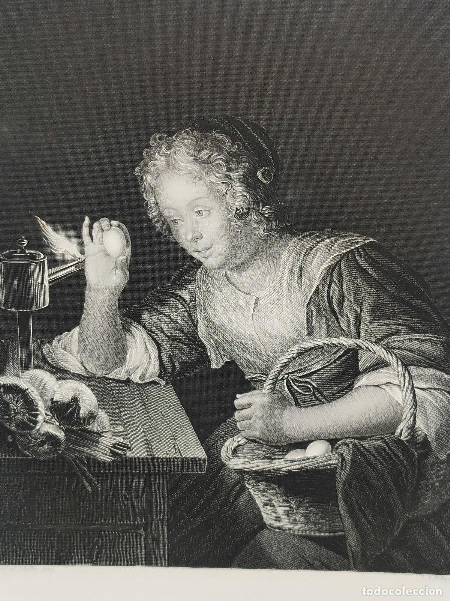 Arte: Proving eggs de Gorfried Schalken. Royal Dresden Gallery Payne&acute;s 1850. costumbrista