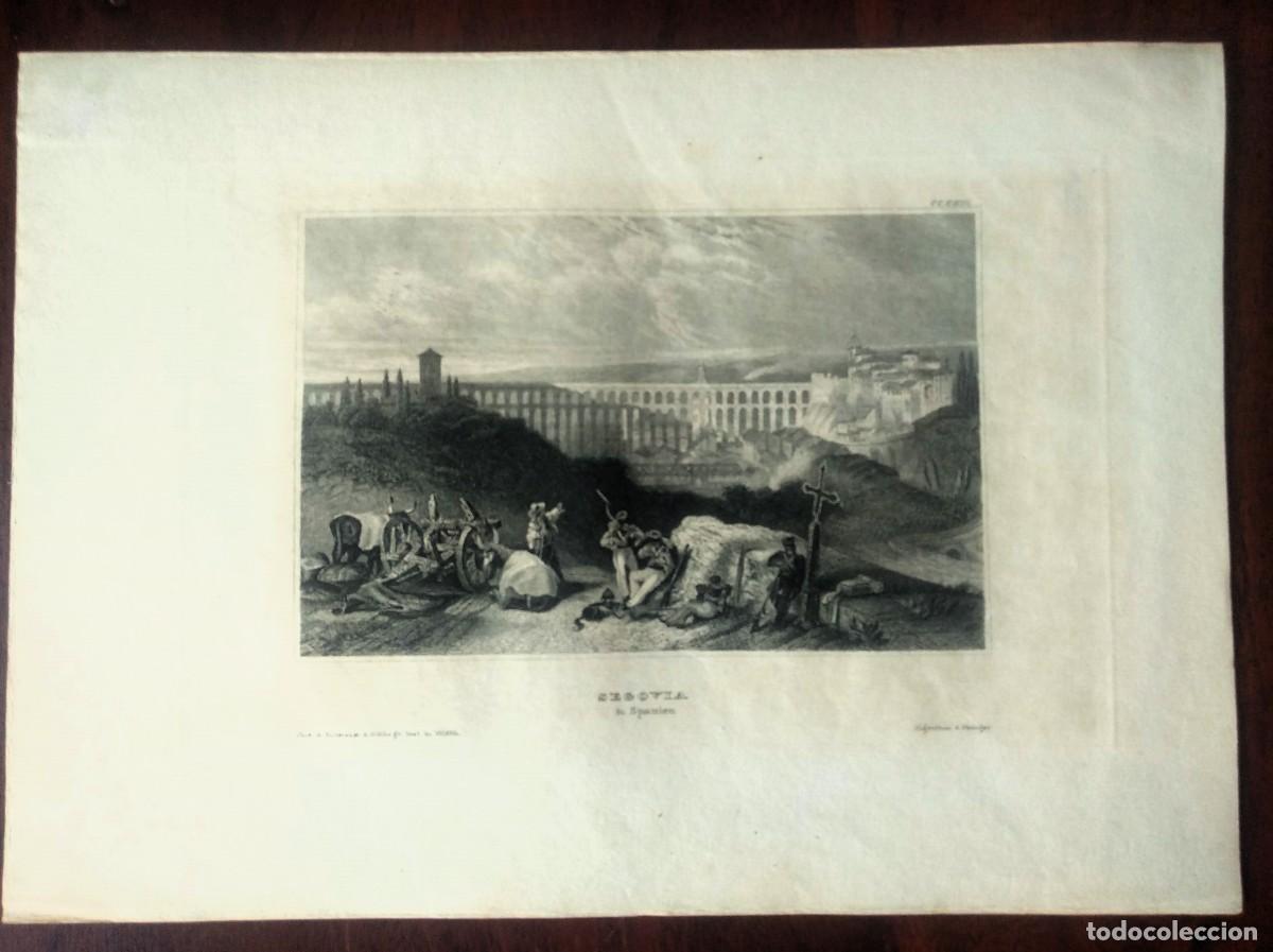 Arte: GRABADO ANTIGUO ALEMÁN SIGLO XIX VISTA CIUDAD DE SEGOVIA –vista a acueducto
