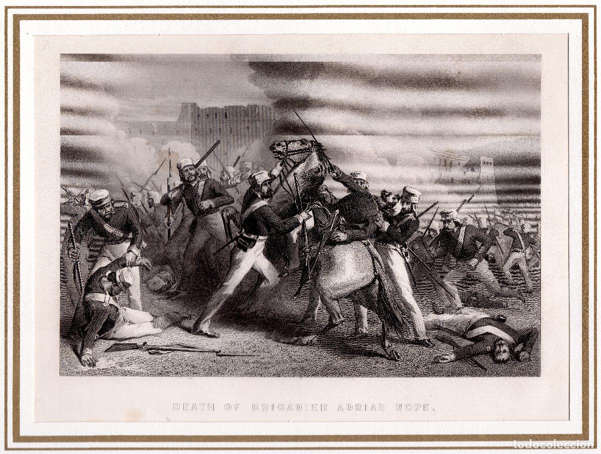 Arte: GRABADO AL ACERO ORIGINAL A&Ntilde;O 1870. GUERRAS COLONIALES INDIA. MUERTE BRIGADIER ADRIAN HOPE.