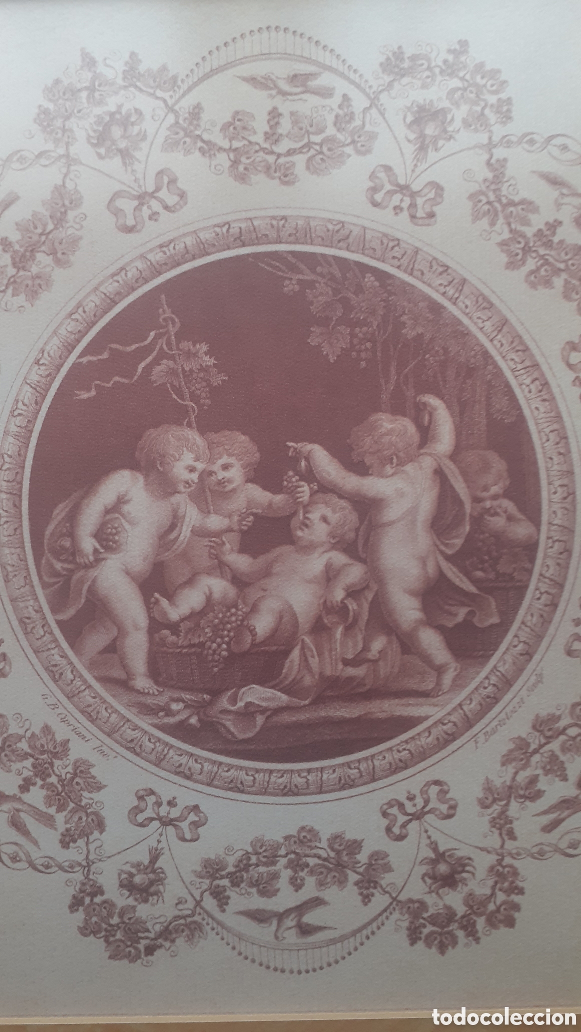 Arte: grabado de querubines comiendo uvas. Francesco Bartolozzi - Foto 2