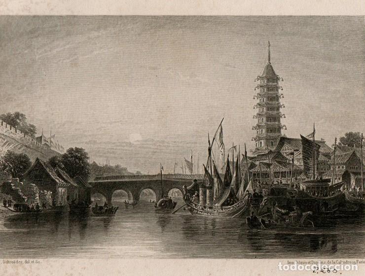 Arte: GRABADO AL ACERO DE 1858, VISTA DE NANK&Iacute;N, CHINA, TORRE DE LA PORCELANA, YANGTS&Eacute;, TAIPING. SCHROEDER