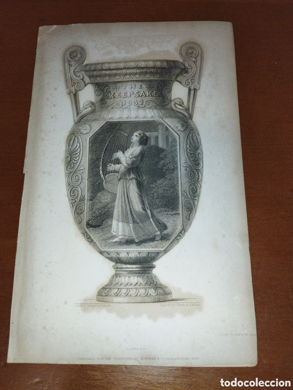 Art: mujer tocando la lira y caminando hacia la izquierda en un jard&iacute;n de dise&ntilde;o octogonal; vi&ntilde;eta 1832