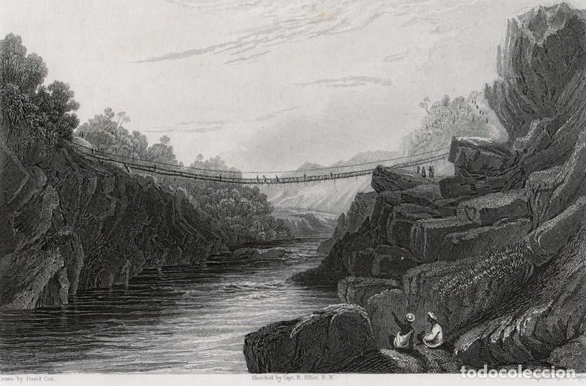 Art: GRABADO AL ACERO DE 1844, PUENTE DE RAICES EN TEREE, INDIA, GRASS ROPE BRIDGE AT TEREE, GURWALL