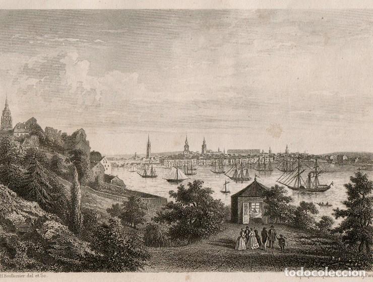 Art: GRABADO AL ACERO DE 1858, VISTA DE ESTOCOLMO, SUECIA, STOCKHOLM, STADSHOLMEN, PUERTO. H. BOULLEMIER