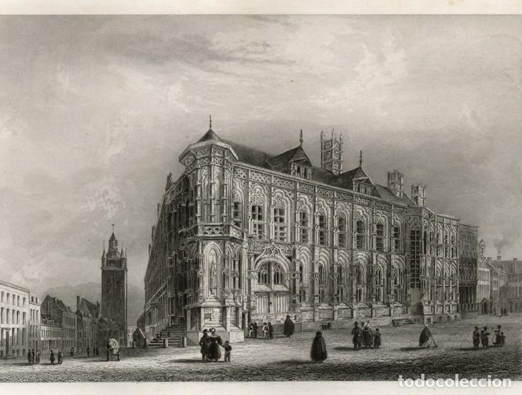 Arte: GRABADO AL ACERO DE 1842, VISTA DE GANTE, B&Eacute;LGICA, AYUNTAMIENTO, SAN BAV&Oacute;N. MALTE-BRUN, FURNE