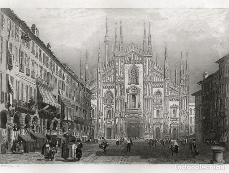 Art: GRABADO AL ACERO DE 1842, VISTA DE MIL&Aacute;N, PIAZZA DEL DUOMO. POURVOYEUR, MALTE-BRUN, FURNE