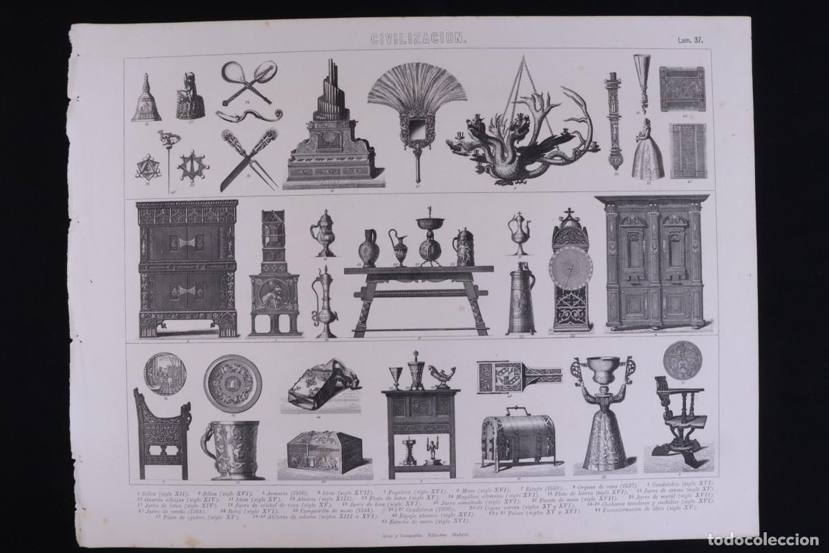 Arte: Grabado Civilizaci&oacute;n 37 Gras C&ordf; Elementos decorativos y muebles desde S.XII hasta S.XVII Engraving