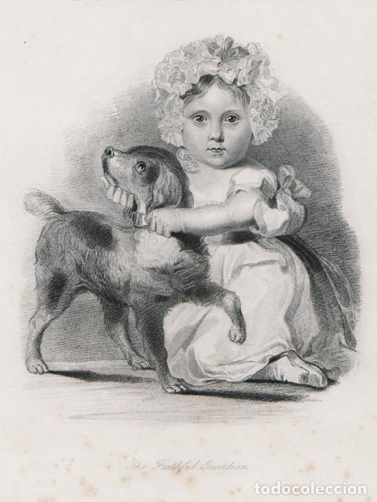 Arte: GRABADO AL ACERO DE 1844, EL GUARDIAL FIEL, PERRO Y NI&Ntilde;O, THE FAITHFUL GUARDIAN, L. E. L., FRONTIS